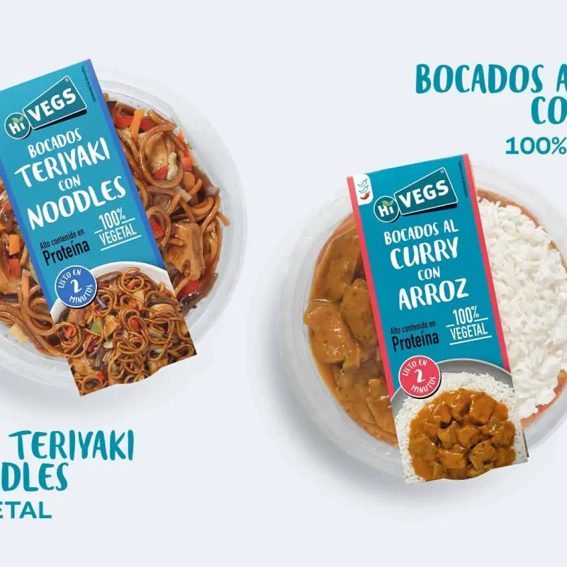 Platos preparados veganos de Hi Vegs!: Bocados al curry con arroz y Bocados Teriyaki con Noodles